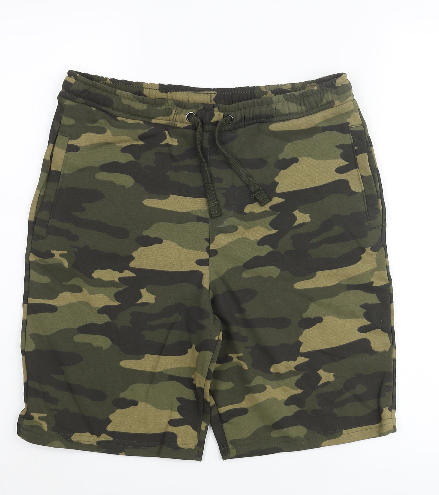 Marks and Spencer Boys Green Camouflage Cotton Sweat Shorts Size 13-14 Years L9 in Regular Drawstring