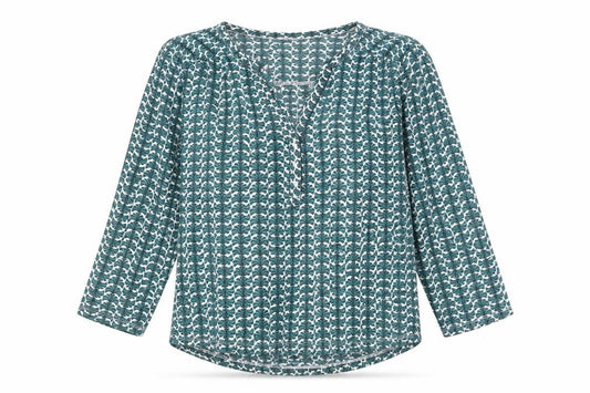 Front view of H&M women’s green geometric polyester basic blouse, size S, v-neck