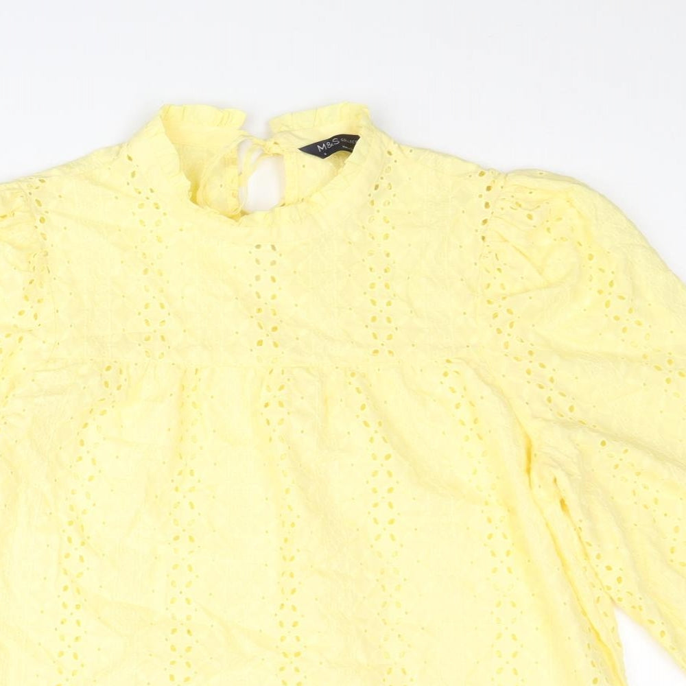 Marks and Spencer Womens Yellow Geometric Cotton Basic Blouse Size 8 Mock Neck - Cut Out Embroidered