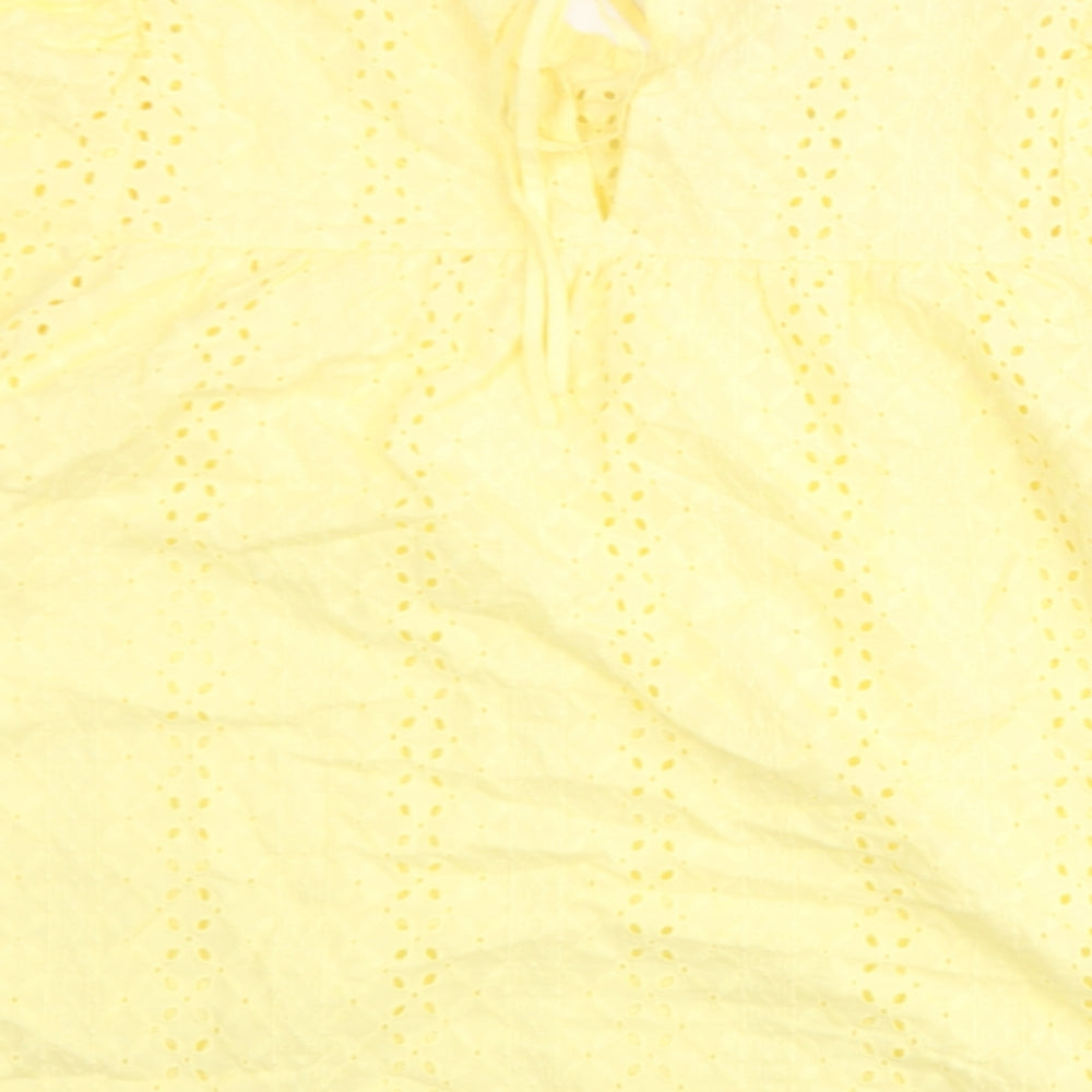 Marks and Spencer Womens Yellow Geometric Cotton Basic Blouse Size 8 Mock Neck - Cut Out Embroidered