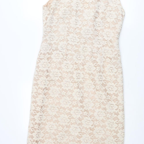 Michael Ambers Womens Beige Floral Polyester Pencil Dress Size 14 V-Neck Zip