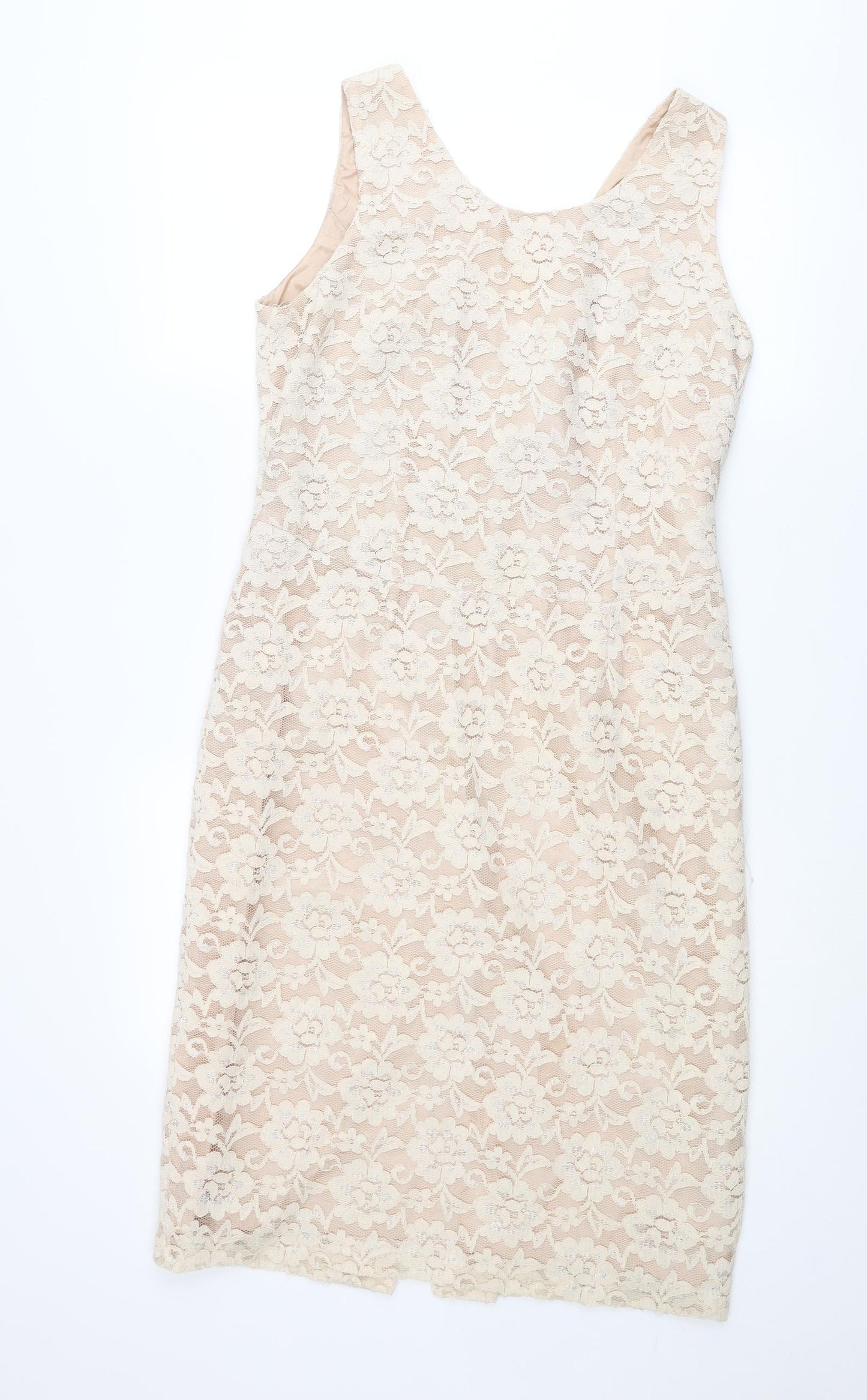 Michael Ambers Womens Beige Floral Polyester Pencil Dress Size 14 V-Neck Zip