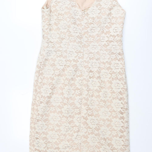 Michael Ambers Womens Beige Floral Polyester Pencil Dress Size 14 V-Neck Zip