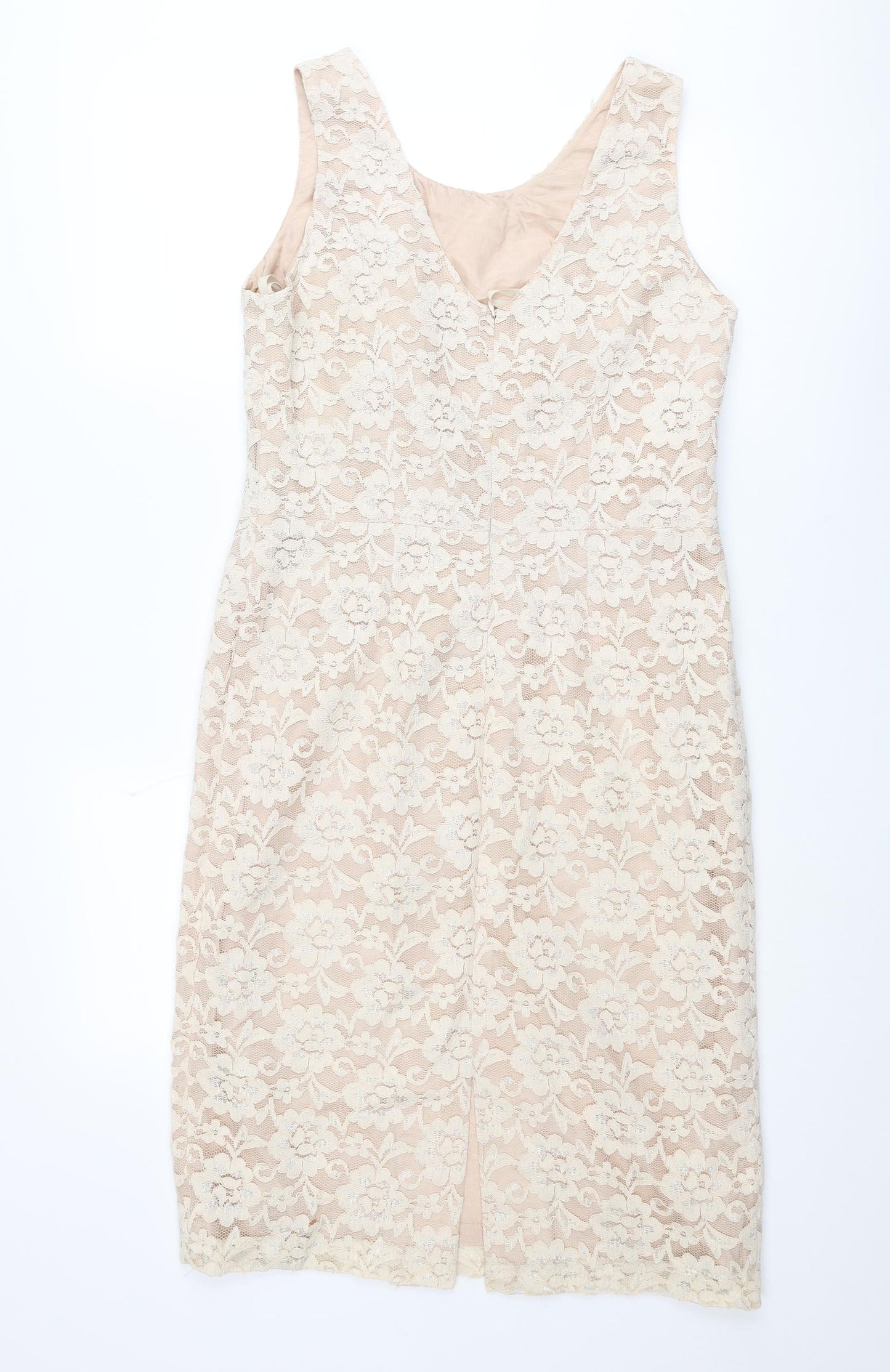 Michael Ambers Womens Beige Floral Polyester Pencil Dress Size 14 V-Neck Zip