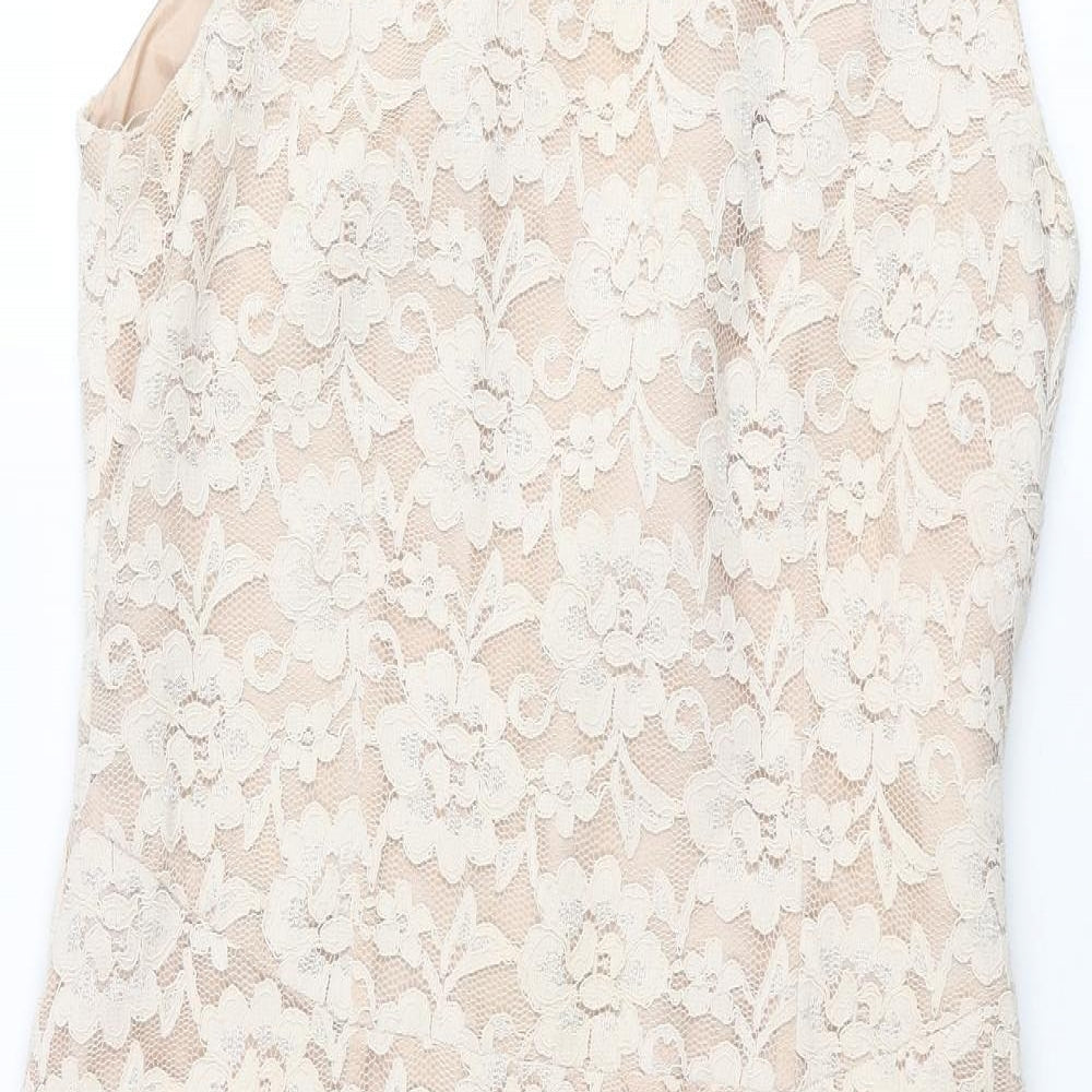 Michael Ambers Womens Beige Floral Polyester Pencil Dress Size 14 V-Neck Zip