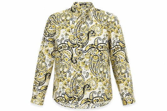 Front view of Hisdern men’s multicoloured paisley polyester button-up, size XL, collared button