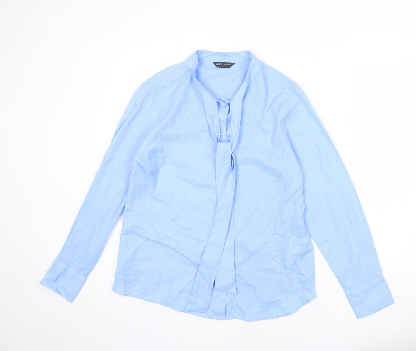 Marks and Spencer Womens Blue 100% Cotton Basic Blouse Size 14 Round Neck - Button Down, Tie Detail