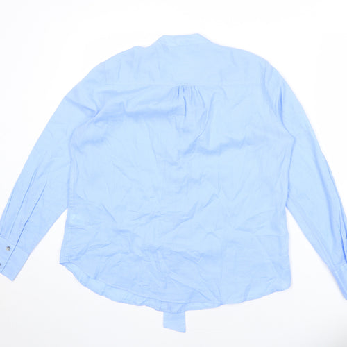 Marks and Spencer Womens Blue 100% Cotton Basic Blouse Size 14 Round Neck - Button Down, Tie Detail