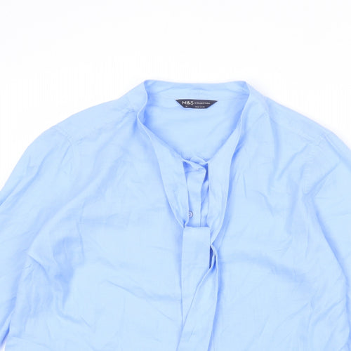 Marks and Spencer Womens Blue 100% Cotton Basic Blouse Size 14 Round Neck - Button Down, Tie Detail