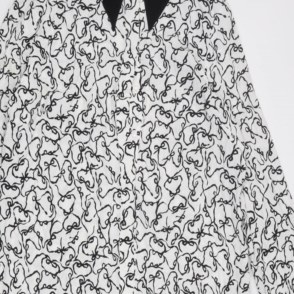 Ted Baker Womens White Geometric Viscose A-Line Size L Collared Button - Bows