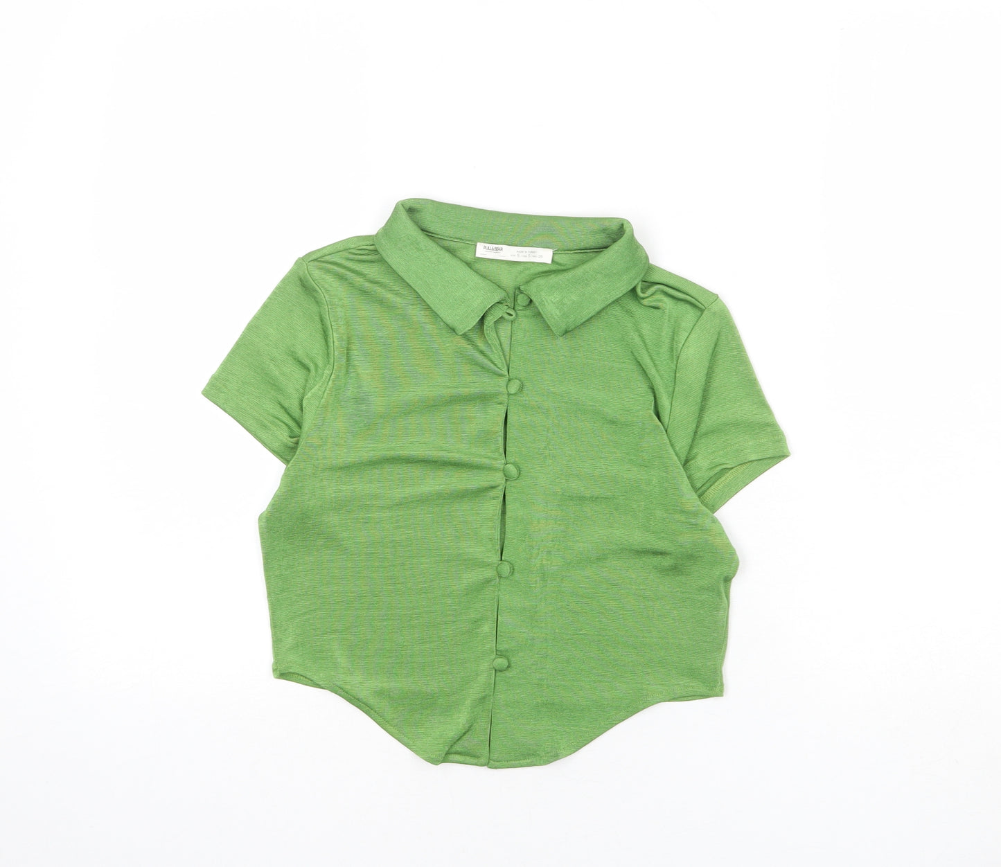 Pull&Bear Womens Green Polyester Cropped Button-Up Size S Collared