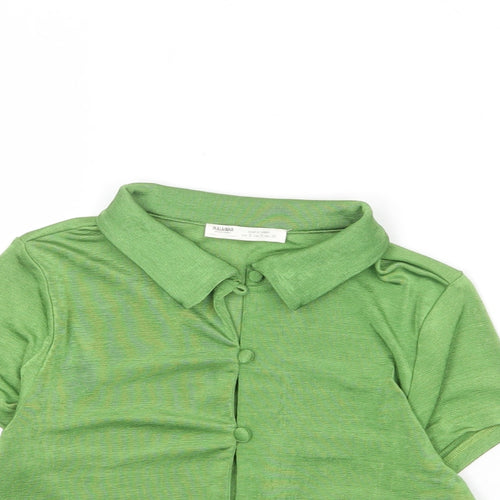 Pull&Bear Womens Green Polyester Cropped Button-Up Size S Collared
