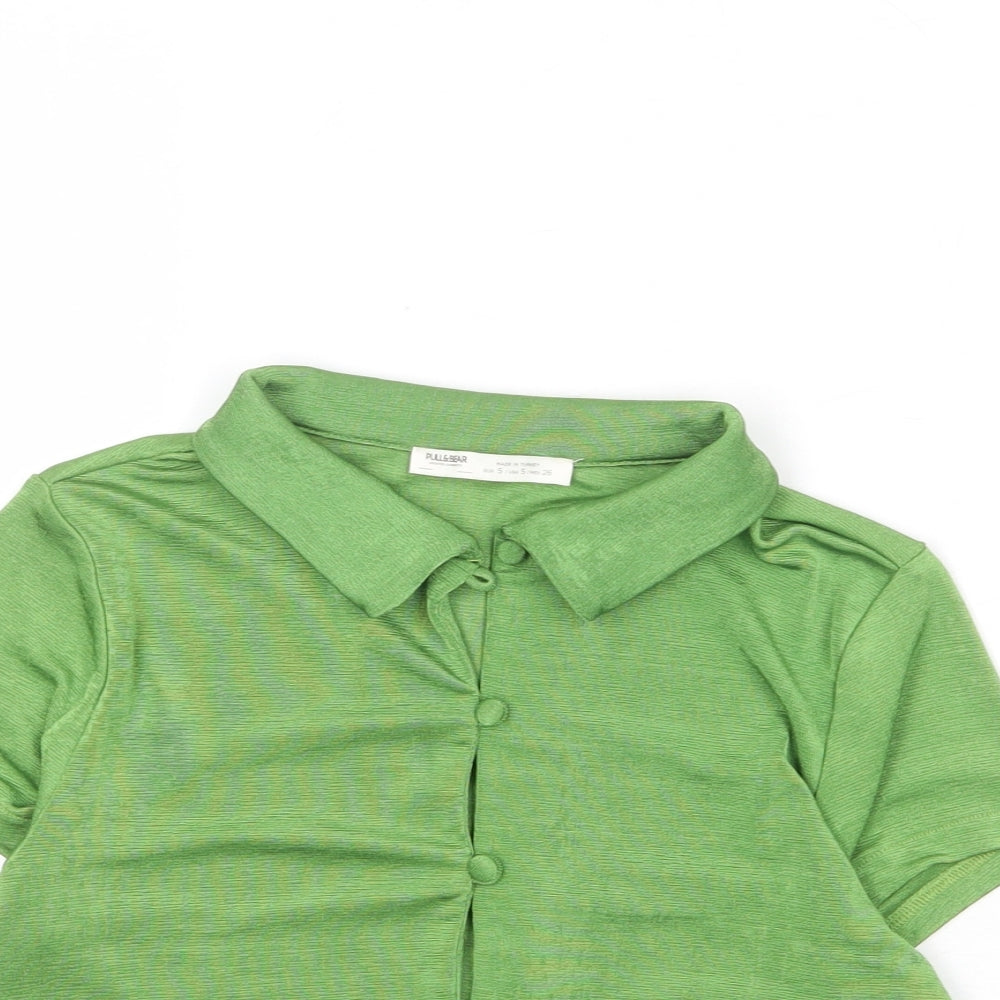 Pull&Bear Womens Green Polyester Cropped Button-Up Size S Collared