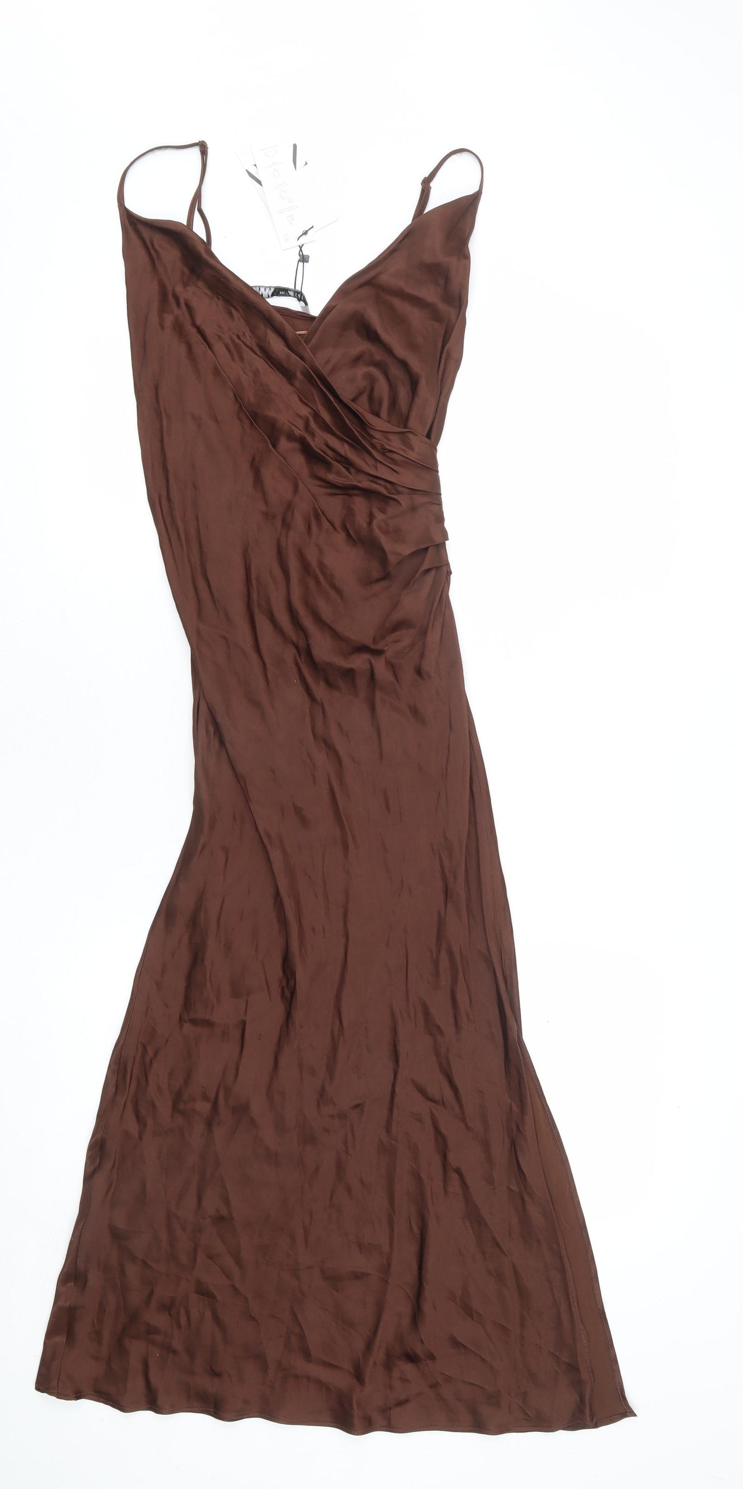 Zara Womens Brown Viscose Slip Dress Size S V-Neck Zip