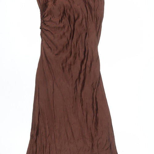 Zara Womens Brown Viscose Slip Dress Size S V-Neck Zip
