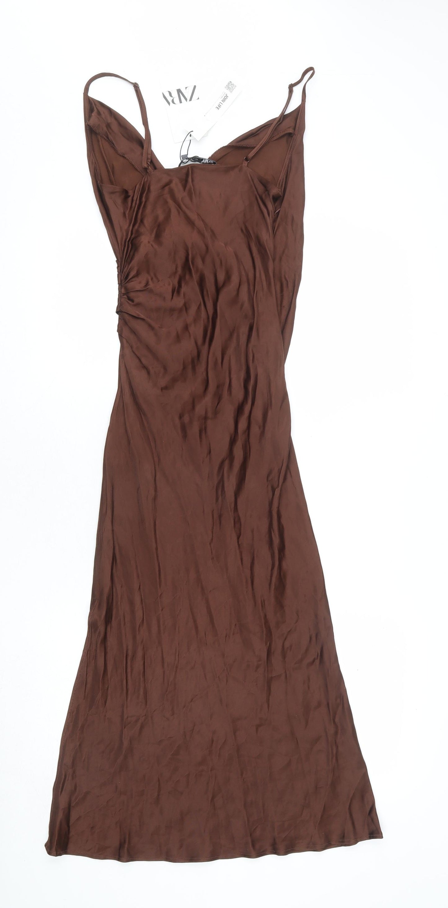 Zara Womens Brown Viscose Slip Dress Size S V-Neck Zip