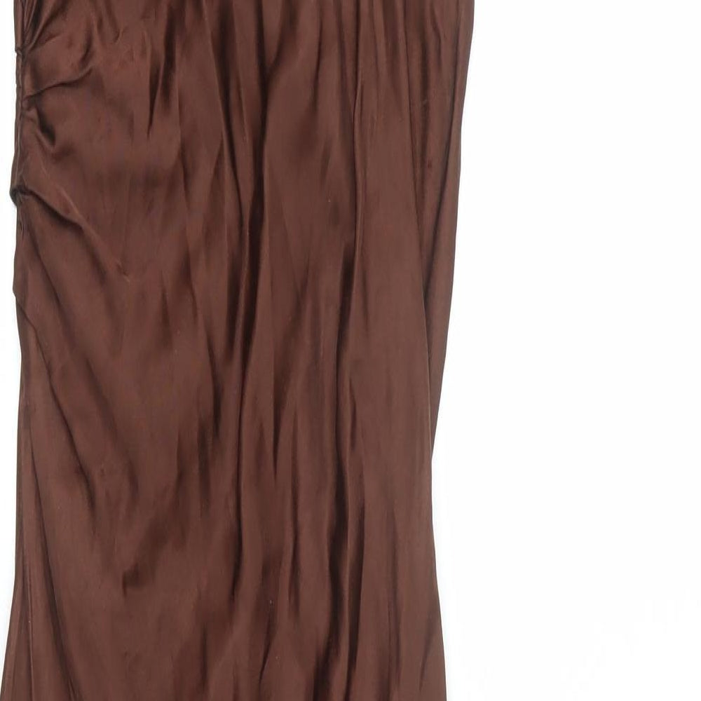 Zara Womens Brown Viscose Slip Dress Size S V-Neck Zip