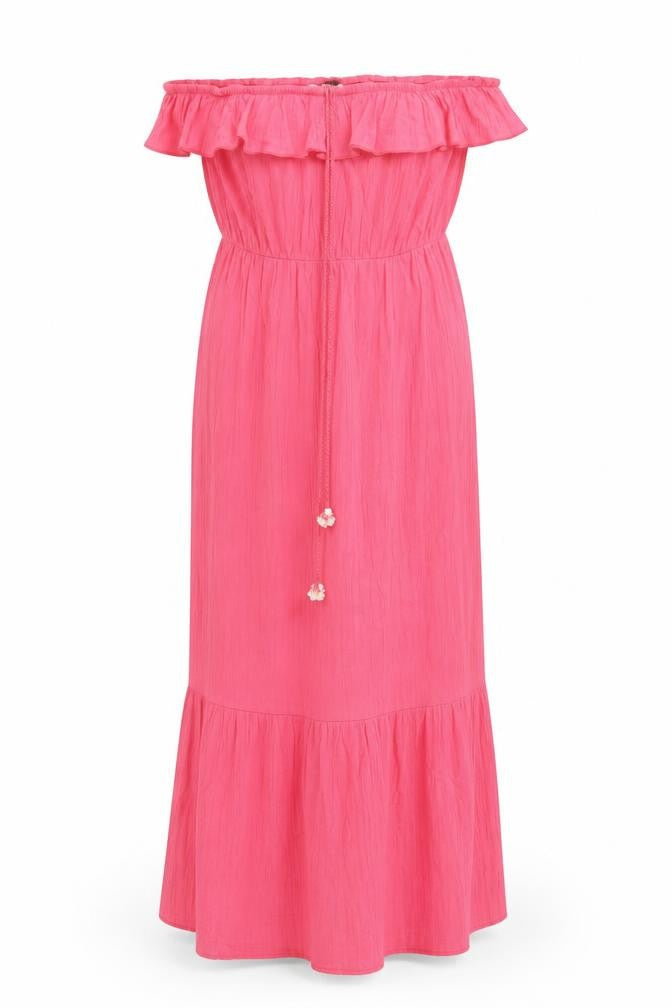 Monsoon Womens Pink 100% Cotton Maxi Size M Off the Shoulder Pullover - Ruffle Detail, Tassels