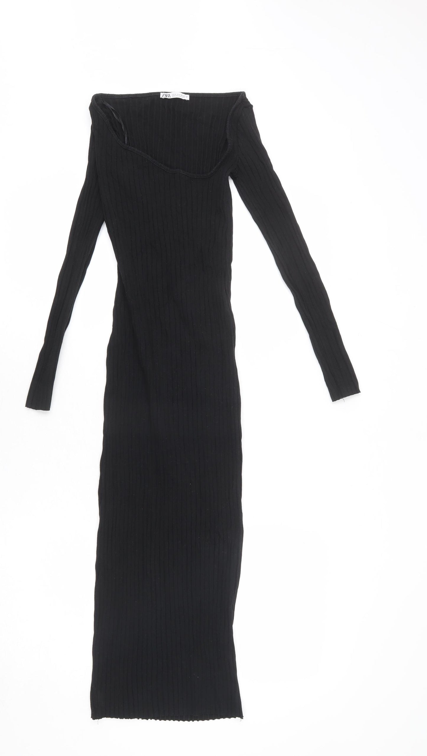 Zara Womens Black Cotton Bodycon Size S Scoop Neck Pullover - Stretchy, Ribbed