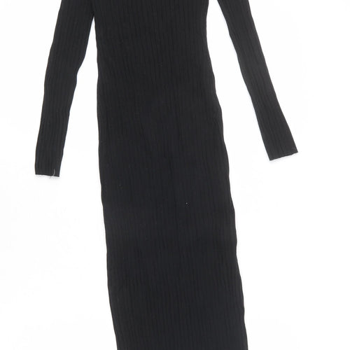Zara Womens Black Cotton Bodycon Size S Scoop Neck Pullover - Stretchy, Ribbed
