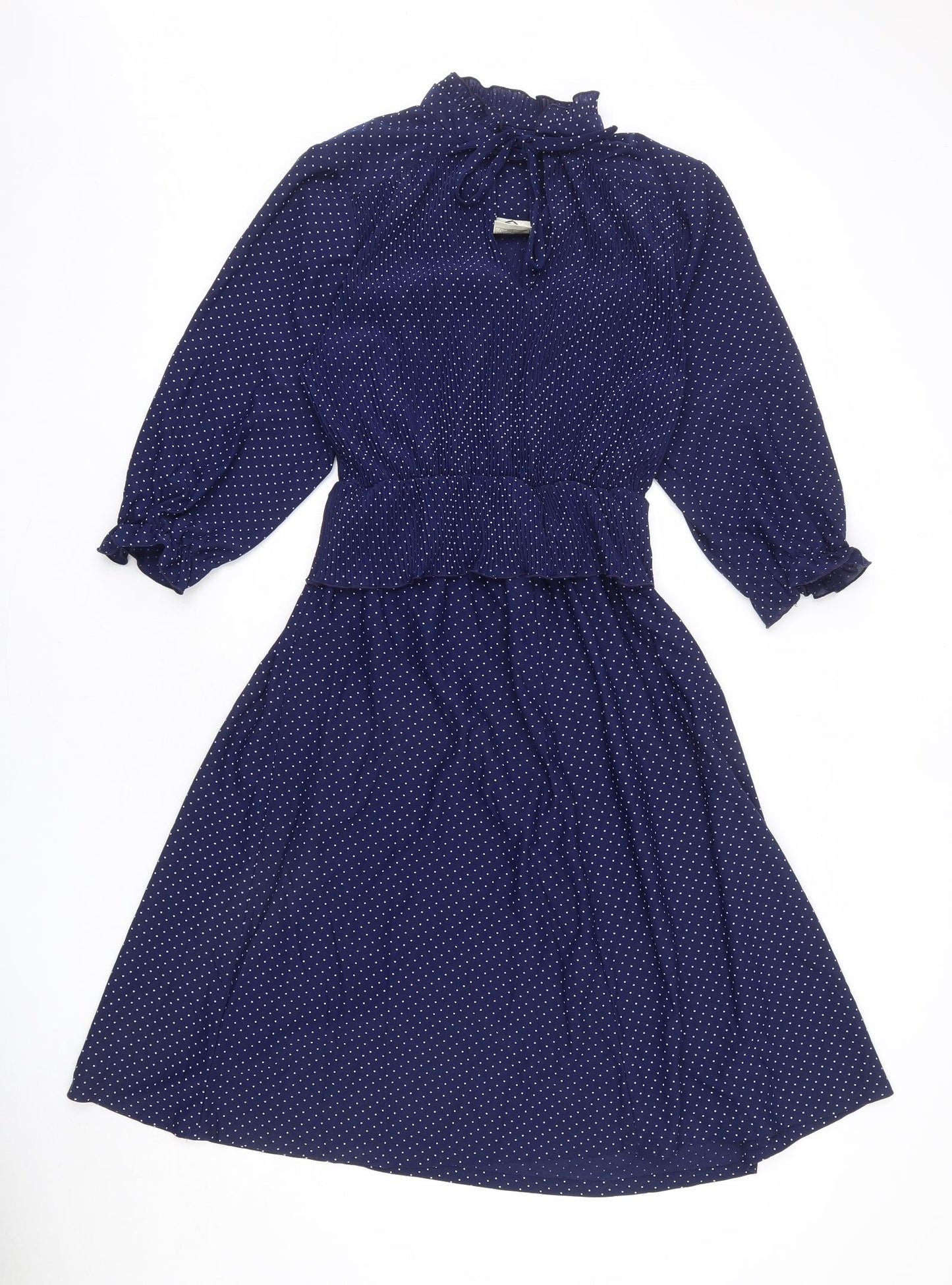 C&A Womens Blue Polka Dot Polyester A-Line Size 18 Round Neck Tie - Keyhole Cut Out, Frills