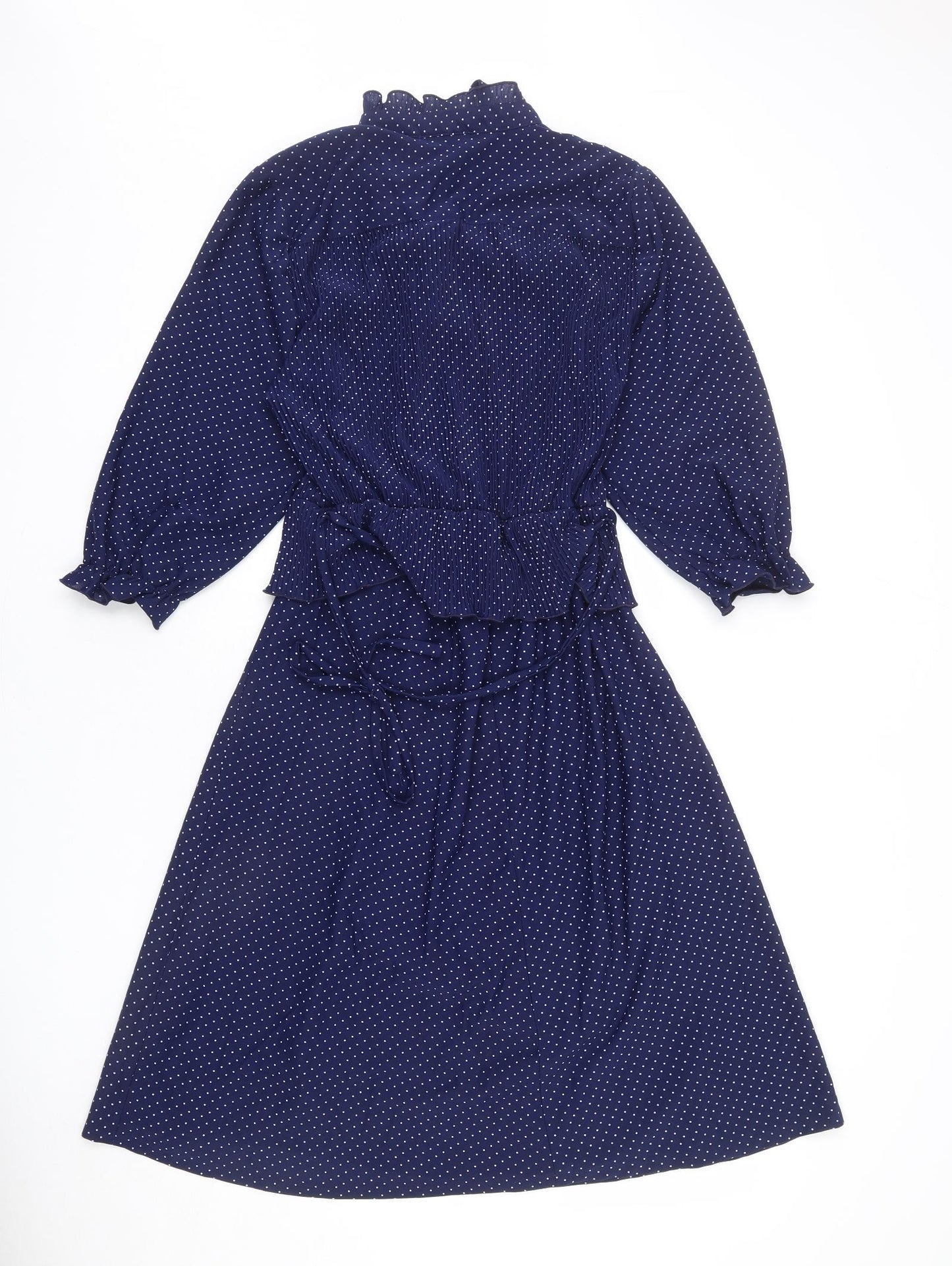 C&A Womens Blue Polka Dot Polyester A-Line Size 18 Round Neck Tie - Keyhole Cut Out, Frills