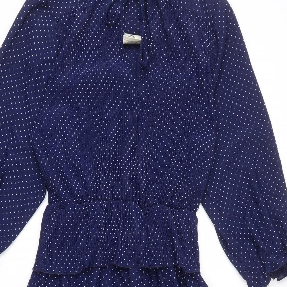 C&A Womens Blue Polka Dot Polyester A-Line Size 18 Round Neck Tie - Keyhole Cut Out, Frills