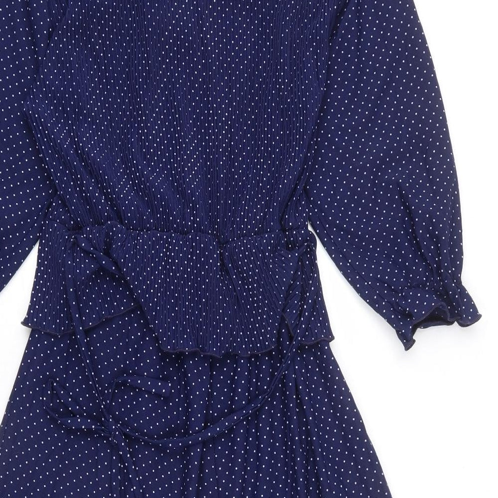C&A Womens Blue Polka Dot Polyester A-Line Size 18 Round Neck Tie - Keyhole Cut Out, Frills