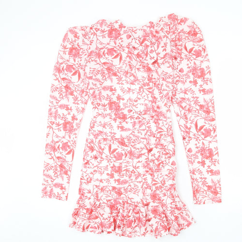 In the Style Womens White Floral Polyester Bodycon Size 8 Round Neck Zip - Cut Out Detail, Tie Back, Ruffles