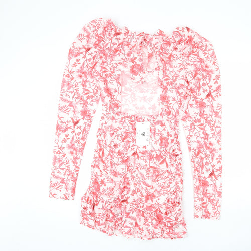 In the Style Womens White Floral Polyester Bodycon Size 8 Round Neck Zip - Cut Out Detail, Tie Back, Ruffles