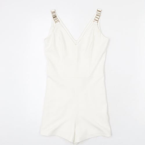 Miss Selfridge Womens White Polyester Romper One-Piece Size 6 Zip - Chain Strap
