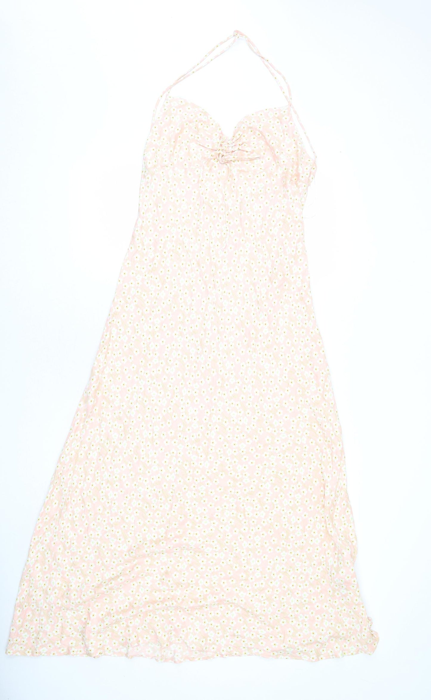 Zara Womens Pink Floral Viscose Slip Dress Size XL V-Neck Zip
