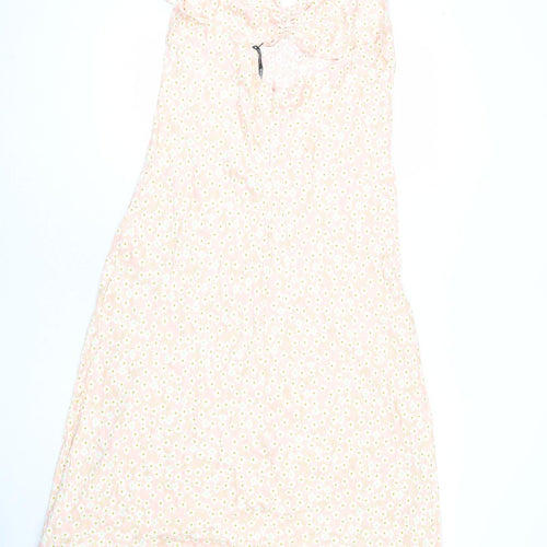 Zara Womens Pink Floral Viscose Slip Dress Size XL V-Neck Zip