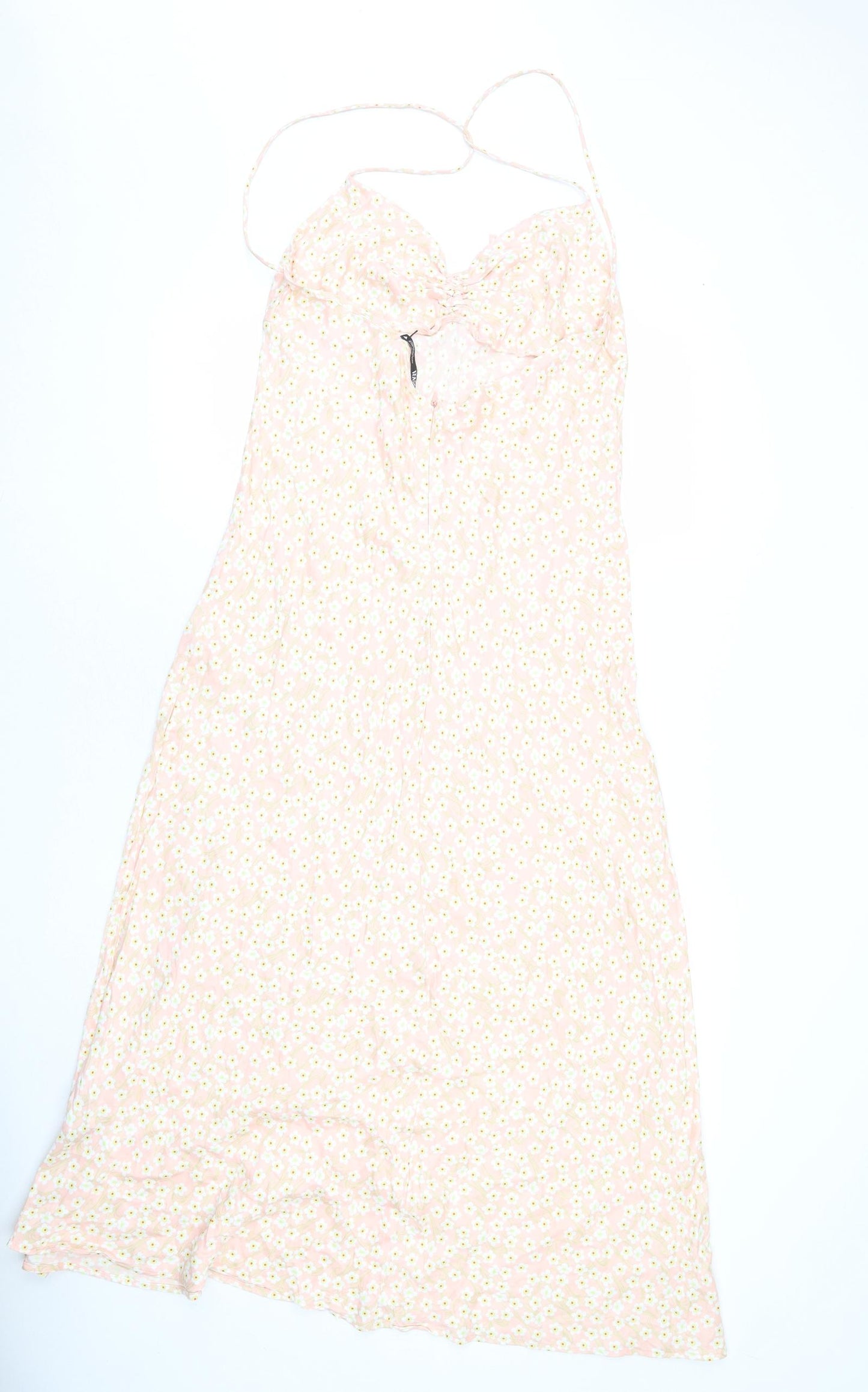 Zara Womens Pink Floral Viscose Slip Dress Size XL V-Neck Zip