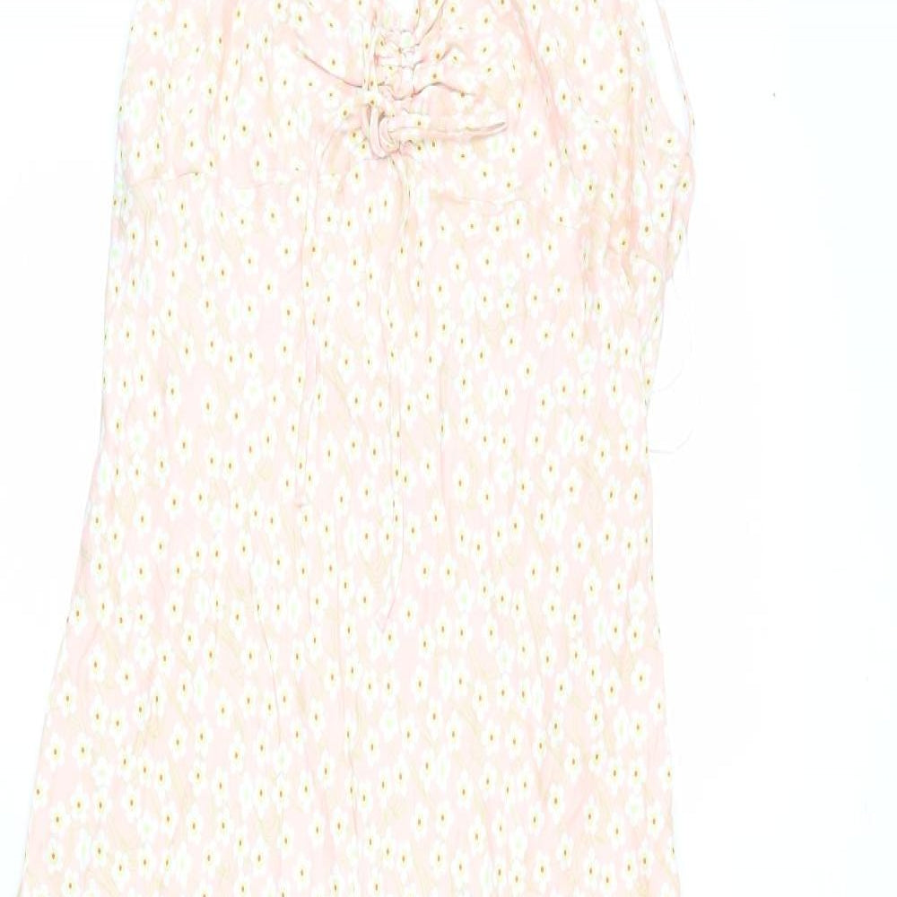 Zara Womens Pink Floral Viscose Slip Dress Size XL V-Neck Zip