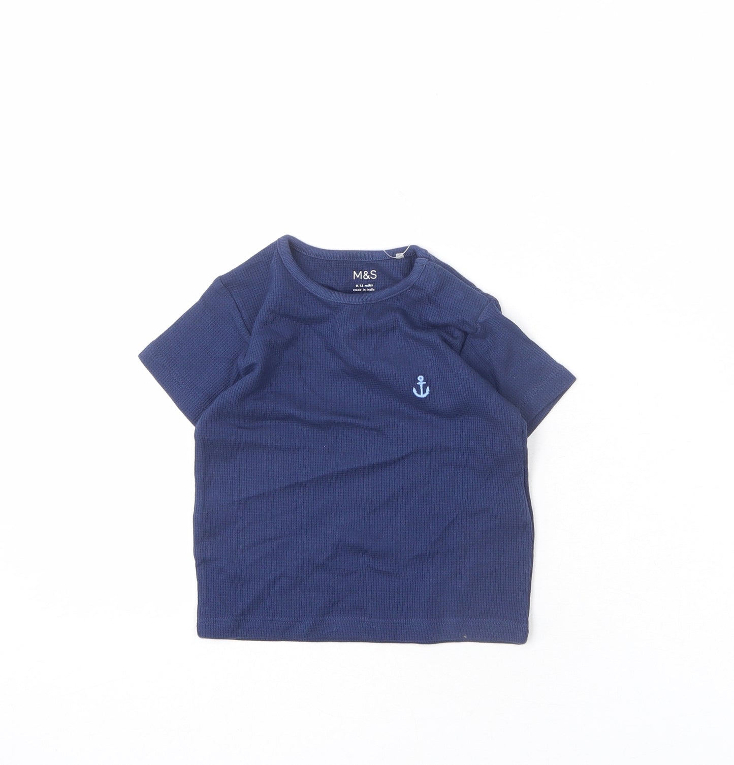 Marks and Spencer Baby Blue 100% Cotton Basic T-Shirt Size 9-12 Months Round Neck Snap - Anchor