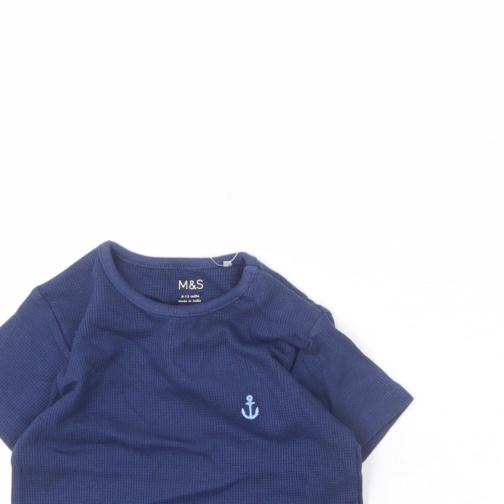 Marks and Spencer Baby Blue 100% Cotton Basic T-Shirt Size 9-12 Months Round Neck Snap - Anchor