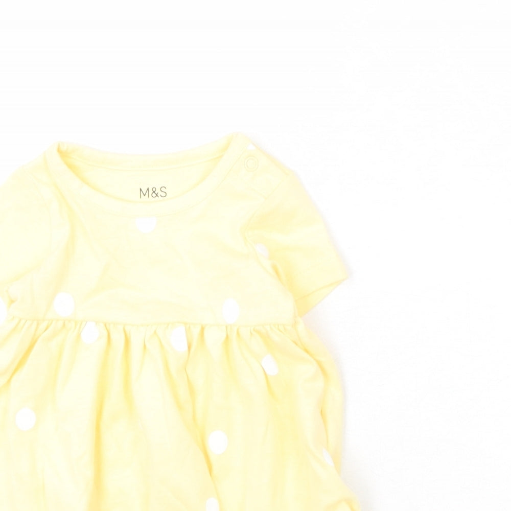 Marks and Spencer Girls Yellow Polka Dot Cotton Fit & Flare Size 0-3 Months Round Neck Snap