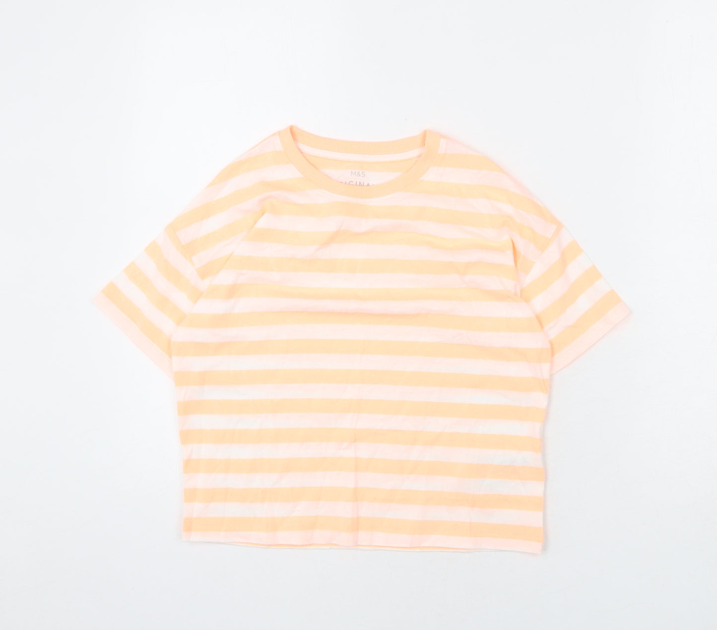 Marks and Spencer Girls Orange Striped Cotton Cropped T-Shirt Size 10-11 Years Round Neck Pullover