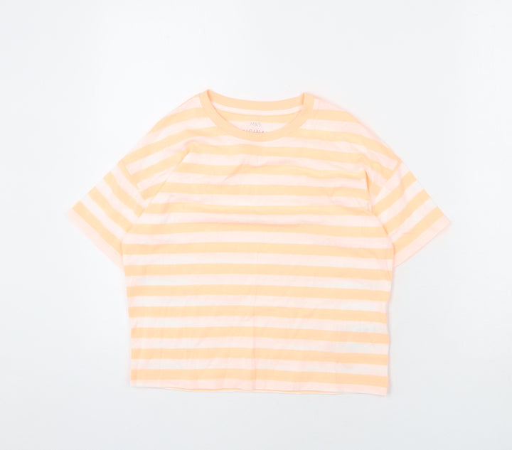 Marks and Spencer Girls Orange Striped Cotton Cropped T-Shirt Size 10-11 Years Round Neck Pullover