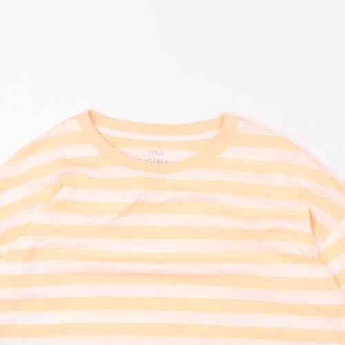 Marks and Spencer Girls Orange Striped Cotton Cropped T-Shirt Size 10-11 Years Round Neck Pullover