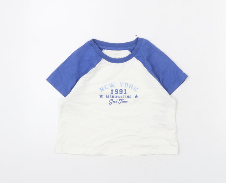 Marks and Spencer Girls White Cotton Cropped T-Shirt Size 6-7 Years Round Neck Pullover - New York, Manifesting A Good Time