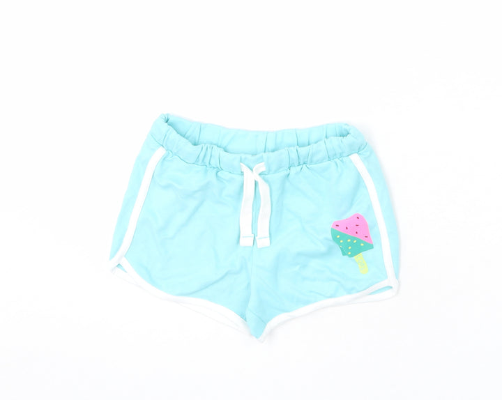 Marks and Spencer Girls Blue 100% Cotton Sweat Shorts Size 6-7 Years Regular Drawstring - Ice Lolly