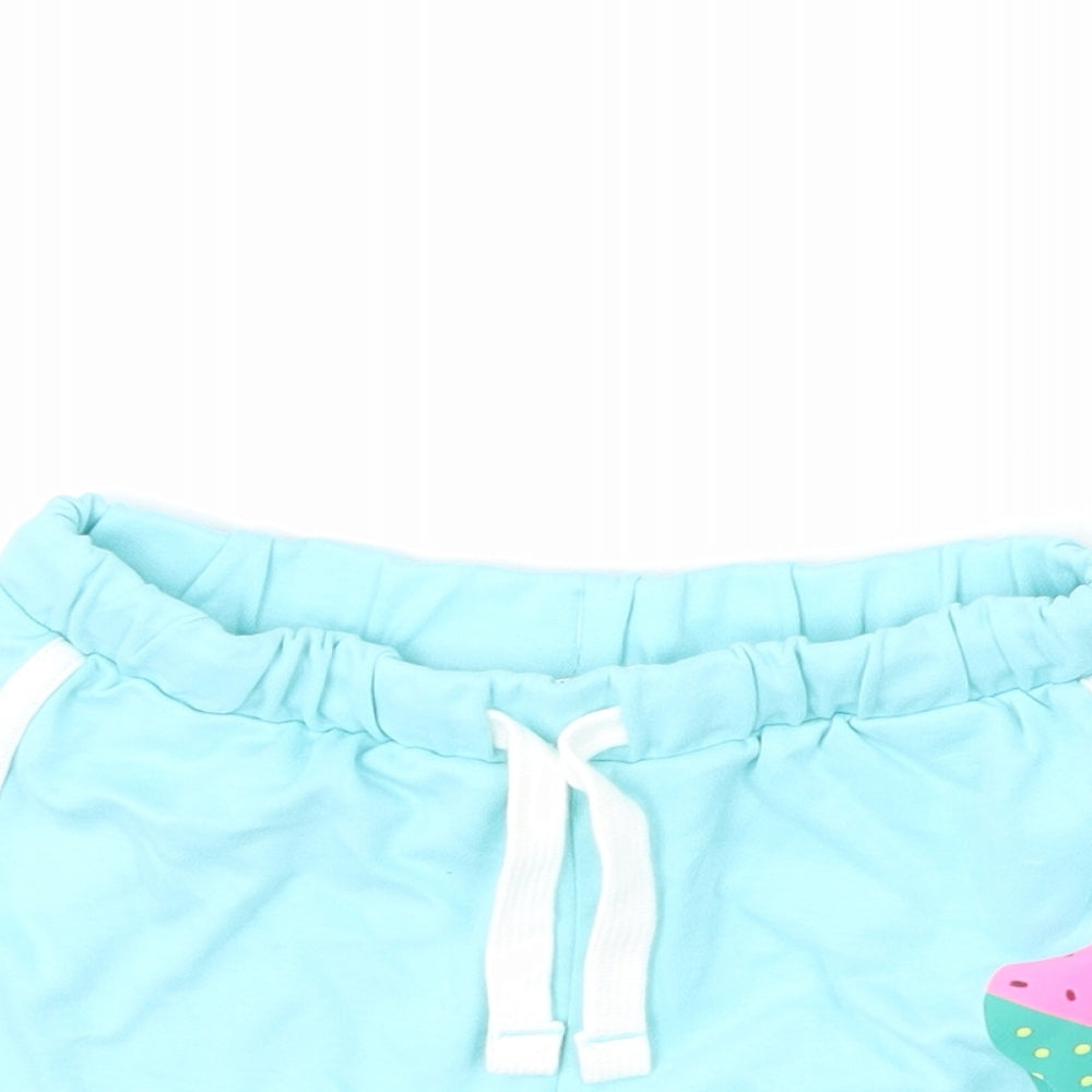 Marks and Spencer Girls Blue 100% Cotton Sweat Shorts Size 6-7 Years Regular Drawstring - Ice Lolly