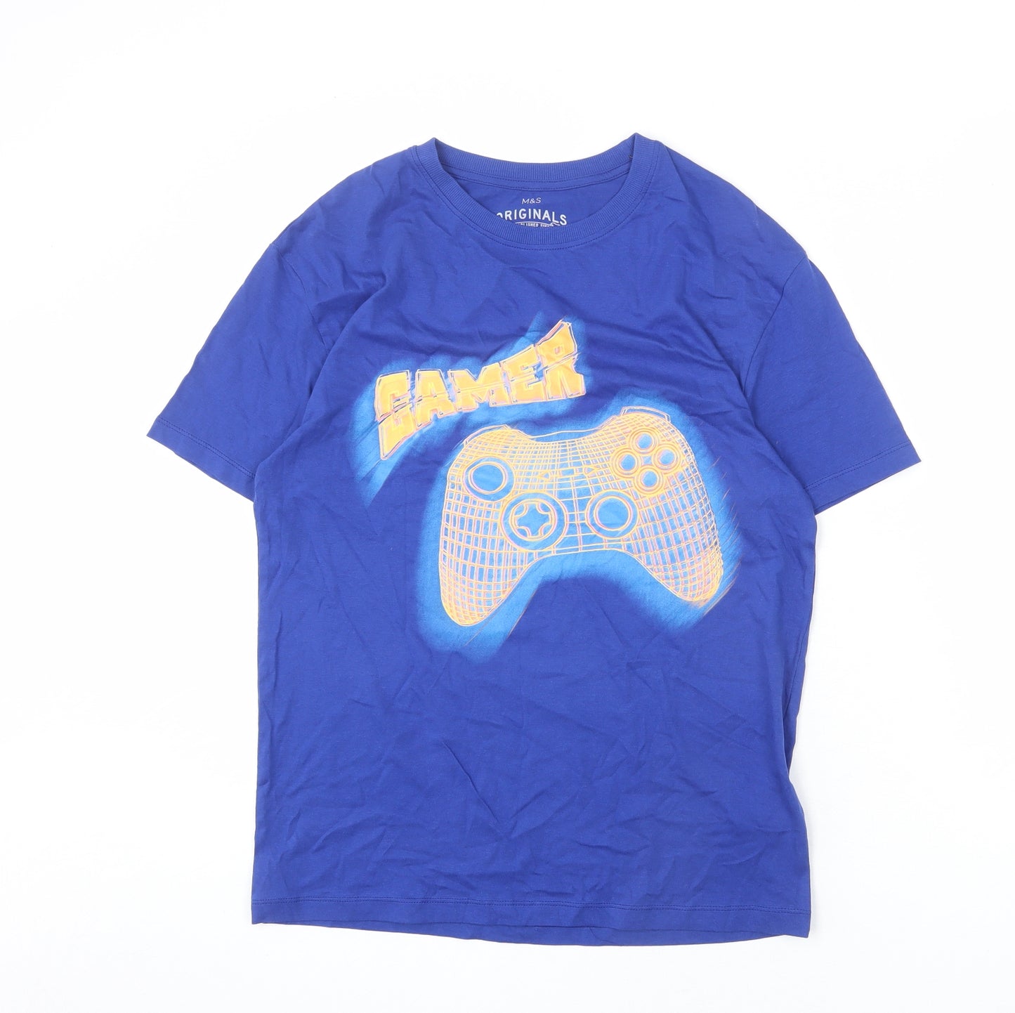 Marks and Spencer Boys Blue Cotton Basic T-Shirt Size 13-14 Years Round Neck Pullover - Gamer, Xbox