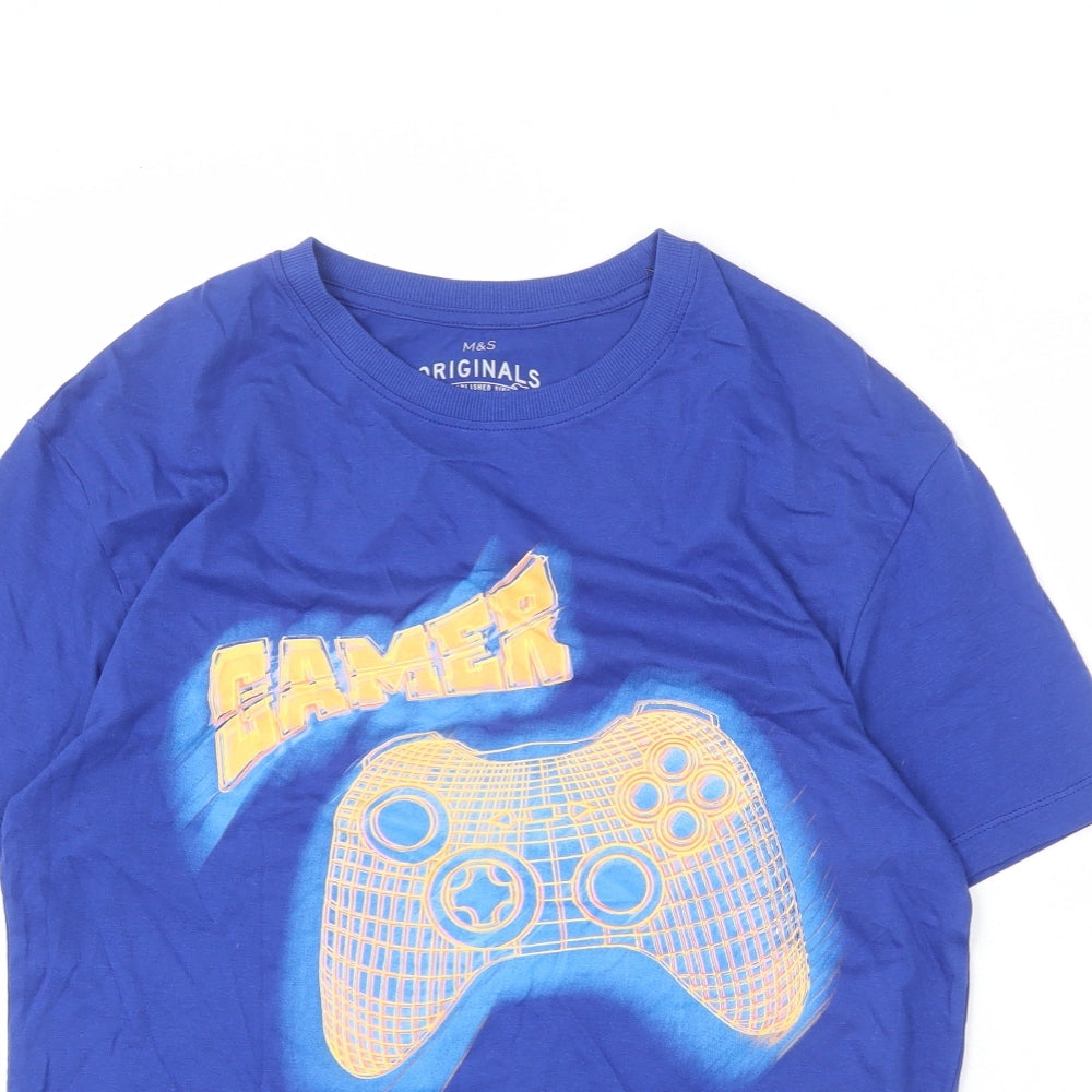 Marks and Spencer Boys Blue Cotton Basic T-Shirt Size 13-14 Years Round Neck Pullover - Gamer, Xbox