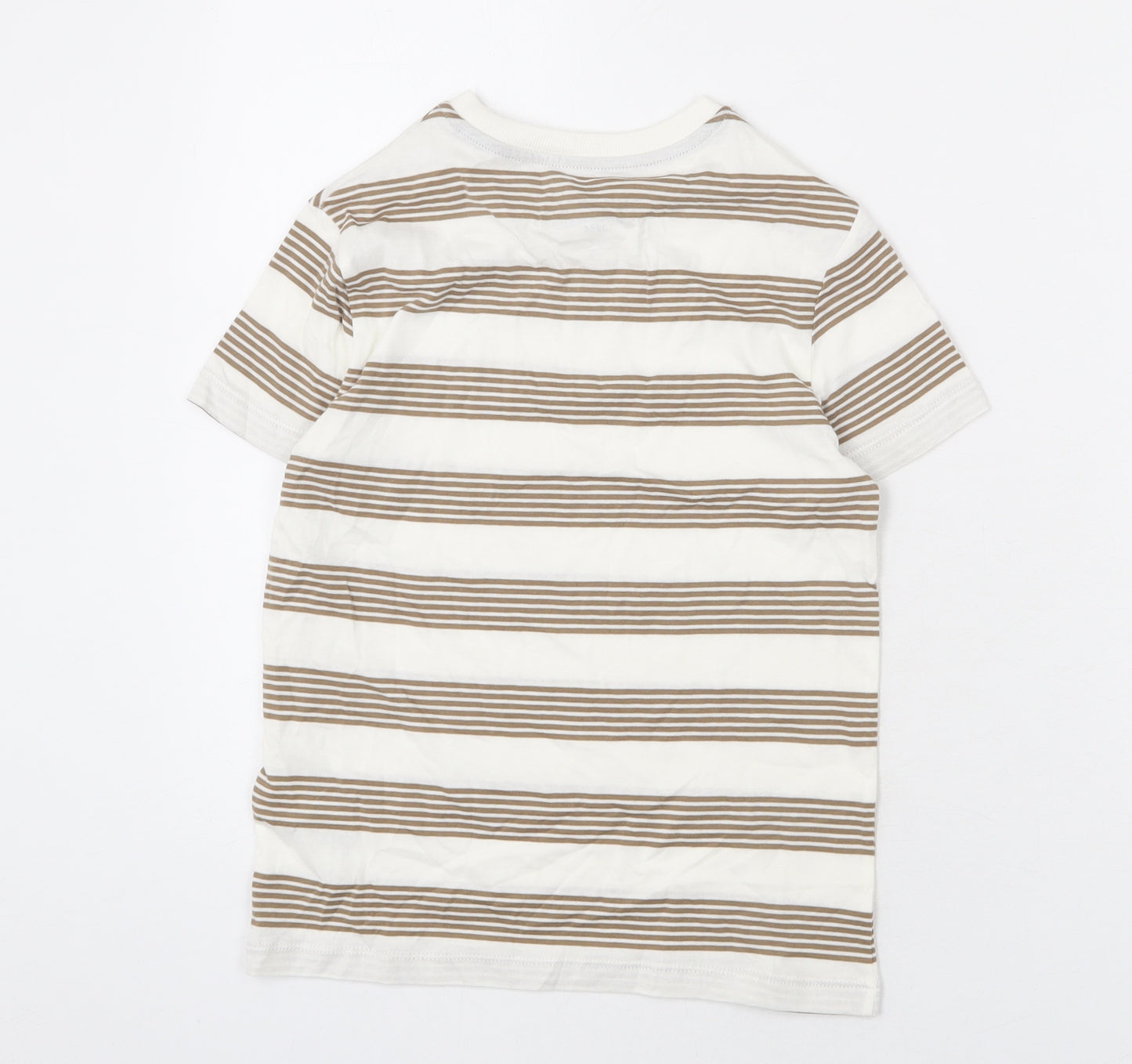 Marks and Spencer Boys Ivory Striped Cotton Basic T-Shirt Size 8-9 Years Round Neck Pullover