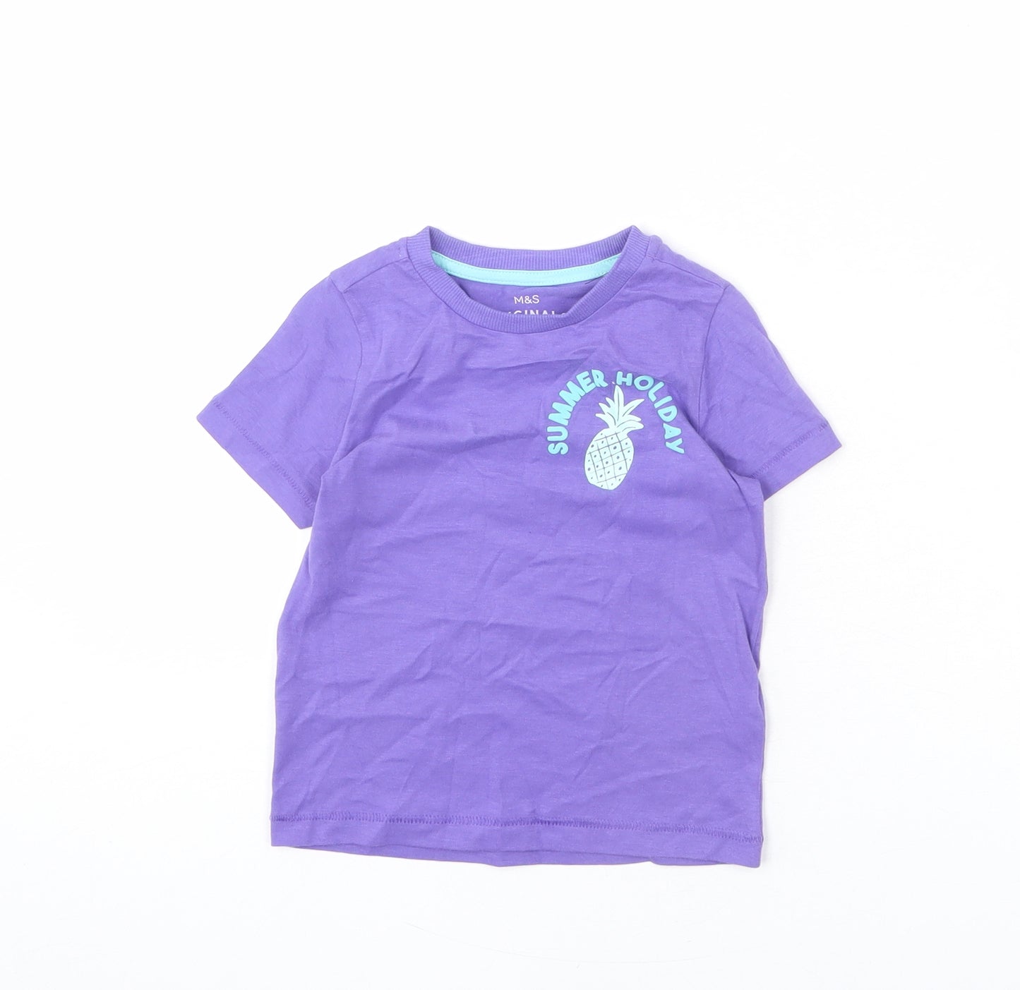 Marks and Spencer Girls Purple Cotton Basic T-Shirt Size 2-3 Years Round Neck Pullover - Summer Holiday, Pineapple