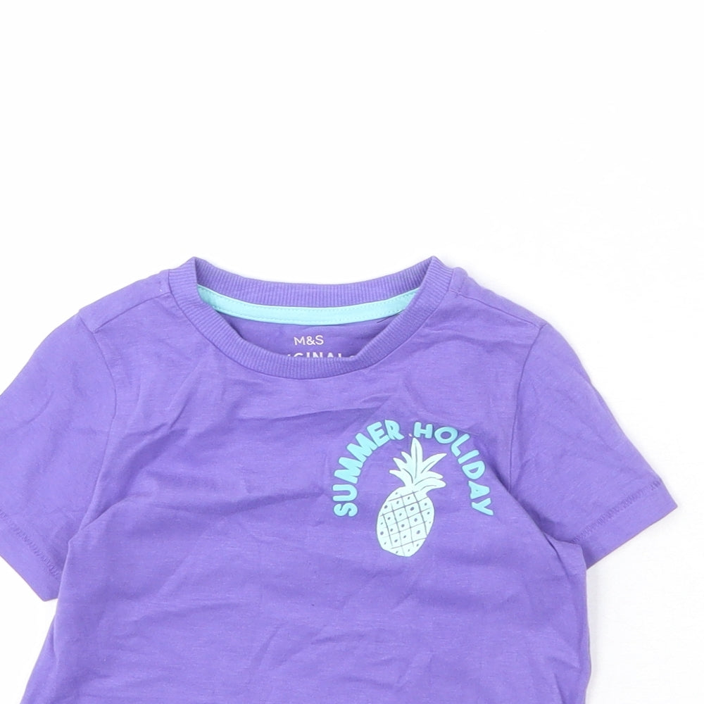 Marks and Spencer Girls Purple Cotton Basic T-Shirt Size 2-3 Years Round Neck Pullover - Summer Holiday, Pineapple
