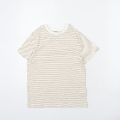 Marks and Spencer Boys Beige Striped Cotton Basic T-Shirt Size 8-9 Years Round Neck Pullover